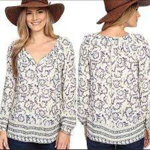 Lucky Brand Women's Cream Blue Floral Print  Long Sleeve Blouse Size L